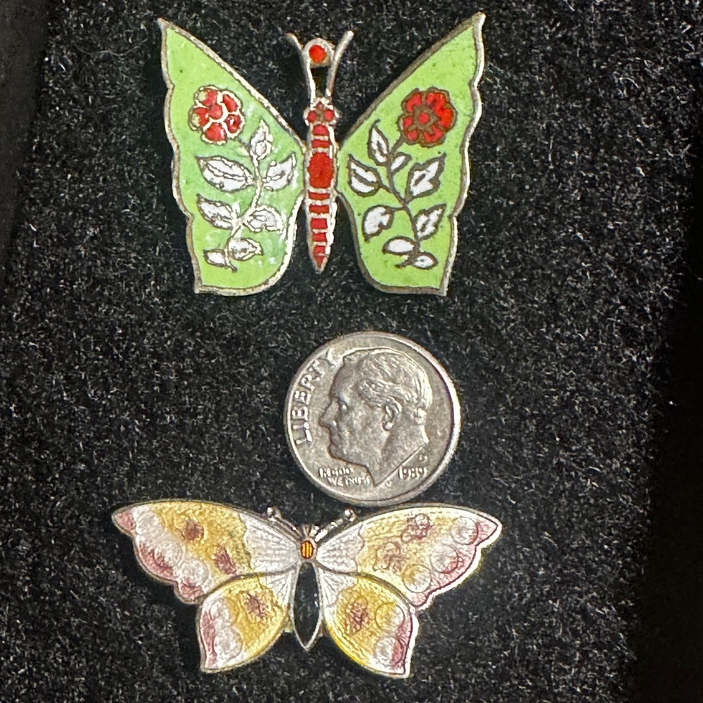 2 rare vintage butterfly pins enameled